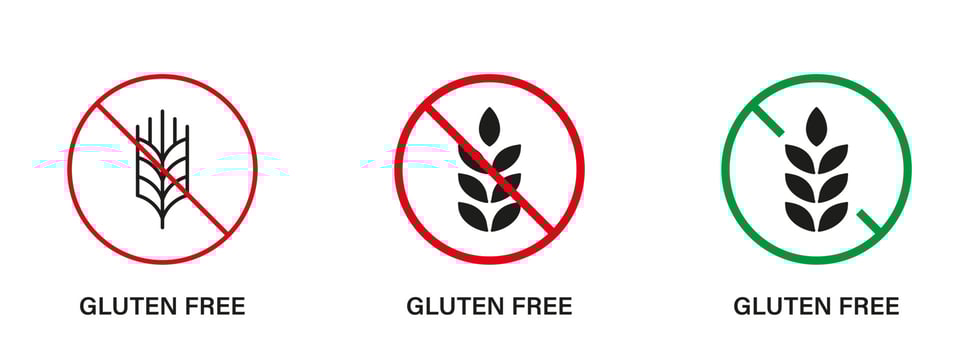 Gluten Free Silhouette and Line Icon Set. No Gluten Food. Allergic on Wheat Sign Collection. Allergy Wheat Forbidden Symbol. Gluten Nutrition Ban Logo. Organic Grain. Isolated Vector Illustration.