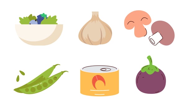 Set of groceries healthy food illustration. Bread, flour, dairy products, olive oil and butter collection. Milk, cheese, curds, egg and sour cream vector