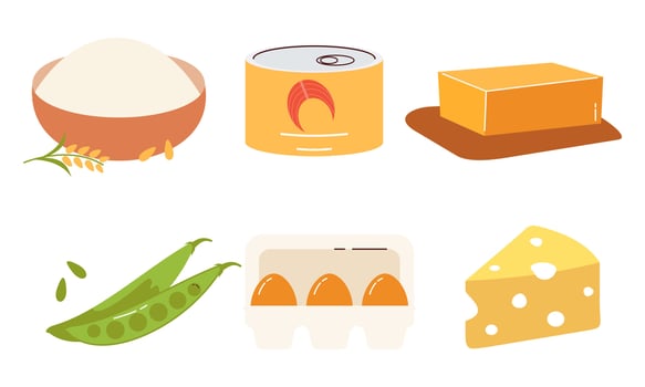 Set of groceries healthy food illustration. Bread, flour, dairy products, olive oil and butter collection. Milk, cheese, curds, egg and sour cream vector