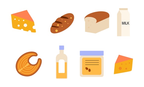 Set of groceries healthy food illustration. Bread, flour, dairy products, olive oil and butter collection. Milk, cheese, curds, egg and sour cream vector