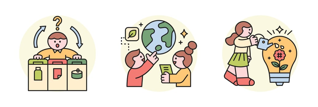 Activities for environmental protection. People who separate garbage for recycling, study the earth, and love plants. vector