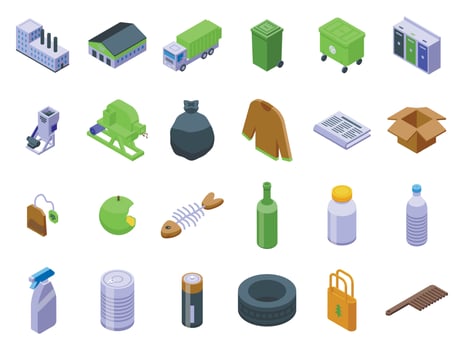 Products that can be reused icons set isometric vector. Food bin vector