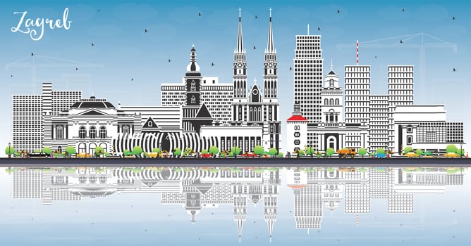 Zagreb Croatia City Skyline with Color Buildings, Blue Sky and Reflections. Vector Illustration. Zagreb Cityscape with Landmarks.