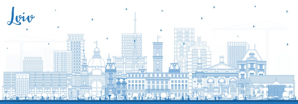 Outline Lviv Ukraine City Skyline with Blue Buildings. Vector Illustration. Lviv Cityscape with Landmarks.