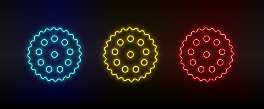 Neon icon set biscuit. Set of red, blue, yellow neon vector icon on dark background
