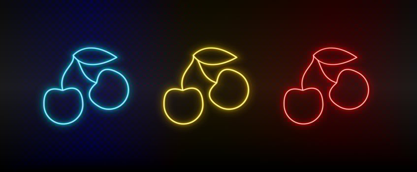 Neon icon set berries, cherry. Set of red, blue, yellow neon vector icon on dark background