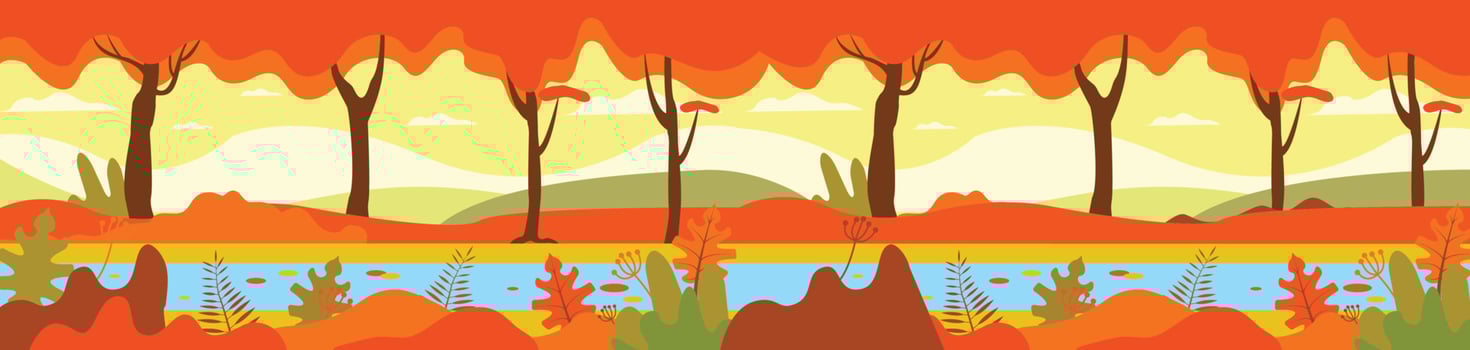 Autumn forest. Autumnal nature landscape, yellow forests trees and woodland fall leaves. October foliage fall autumnal scene, september park tree and river cartoon vector illustration