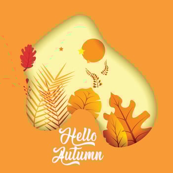 Poster with and slogan Hello autumn. 3D paper cut effect. Bright minimalist autumn postcard. Autumn leaf litter. vector