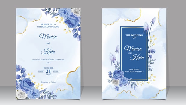 Luxury wedding invitation with light blue flowers and watercolor background vector