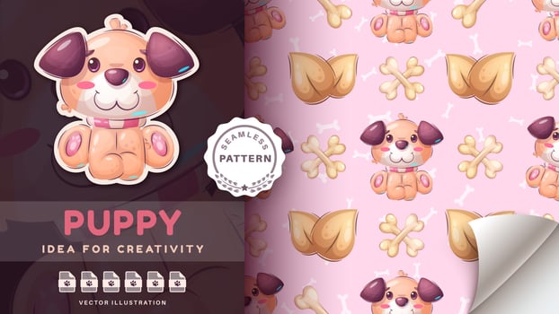 Seamless pattern cartoon character adorable dog with bone, pretty animal idea for print t-shirt, poster and kids envelope, postcard. Cute hand drawn style puppy vector