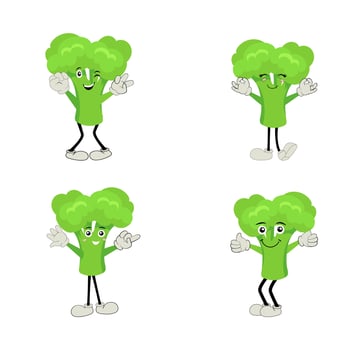 Broccoli mascot cartoon in vector. Cute happy smiling broccoli vegetable set collection. Vector flat cartoon character illustration icon design. content, happy, green smile, cheerful Face Emotion.