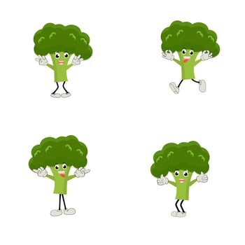 Broccoli mascot cartoon in vector. Cute happy smiling broccoli vegetable set collection. Vector flat cartoon character illustration icon design. content, happy, green smile, cheerful Face Emotion.