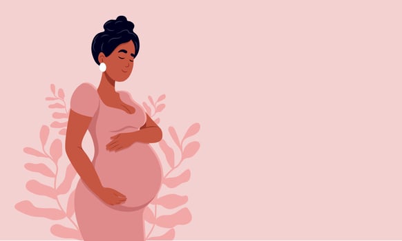 Healthy pregnancy banner. Beautiful pregnant black woman hugs her belly. The concept of pregnancy and motherhood. Healthy pregnancy. Vector illustration in cute cartoon style.