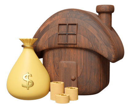 money yellow bags dollars with wooden house, gold coins pile, saving money concept, 3d illustration or 3d render png