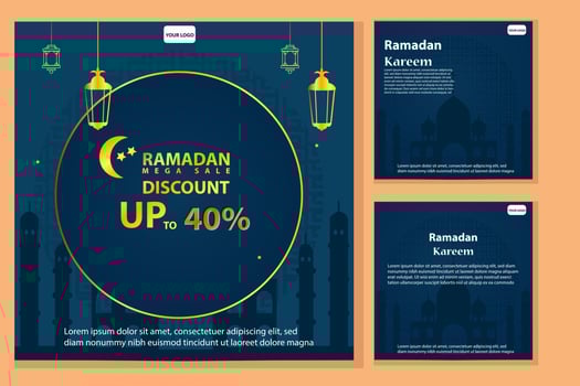 Set of Square social media post template Mega sale promotion with  modern lantern  gold design. Iftar mean is Ramadan. social media template with Islamic background design vector