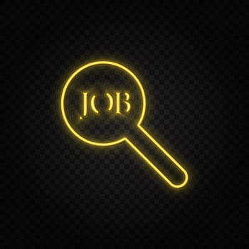 job, search yellow neon icon .Transparent background. Yellow neon vector icon on dark background