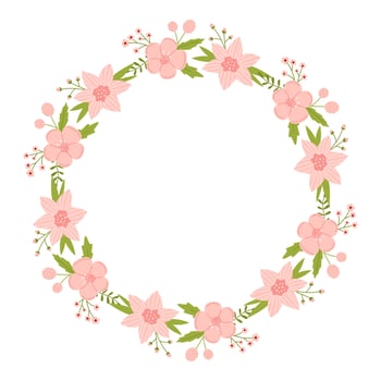 Vector wreath with leaves and pink flowers. Floral frame for wedding. Flower round border copy space. Romantic design for greeting cards and invitations. Elegant text template with striped flowers.