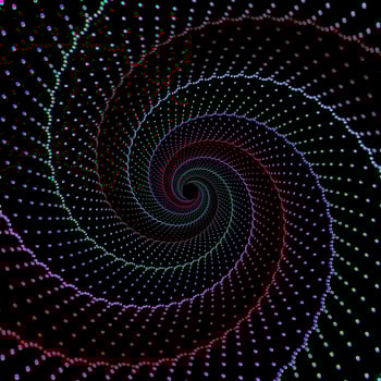 Red, pink, green, blue, cyan and black dotted spiral vortex vector background