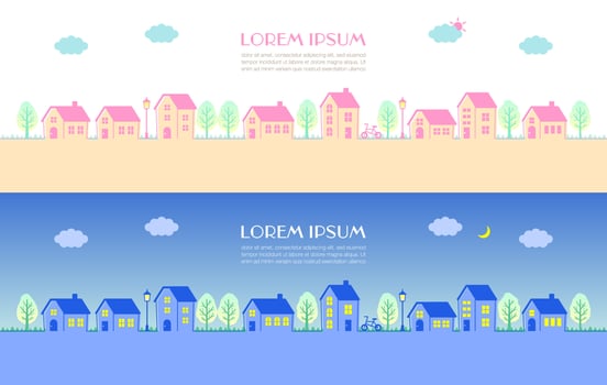 Set of horizontal banners with cute houses and trees. Vector illustration