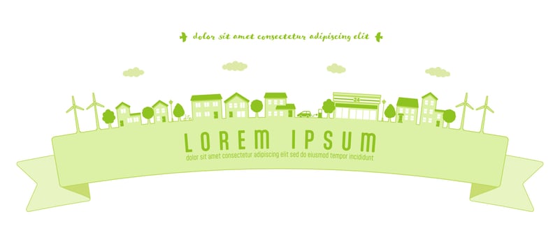 Ecology concept with green cityscape and ribbon banner, vector illustration