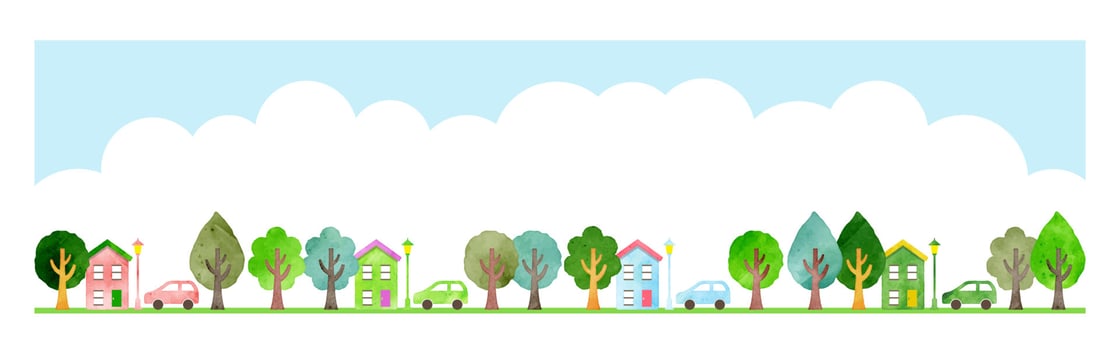 City landscape with houses, trees and cars. Flat style vector illustration.