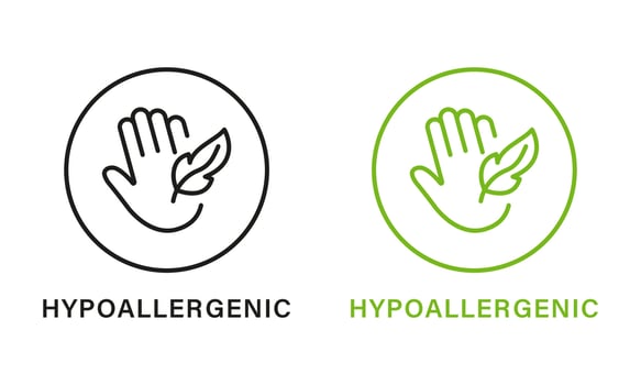 Hypoallergenic Safe Product Line Green and Black Icon Set. Hypo Allergenic Cosmetic for Sensitive Skin Hygiene Outline Pictogram. Allergen Free, Hand and Feather Symbol. Isolated Vector Illustration.