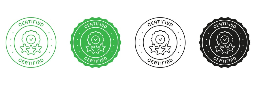 Quality Assurance Stamp Set. Safety Certification Green and Black Label. Certification Control Sticker Certified Security Sign Certificate Of Origin Stamp Guarantee Icon. Isolated Vector Illustration.