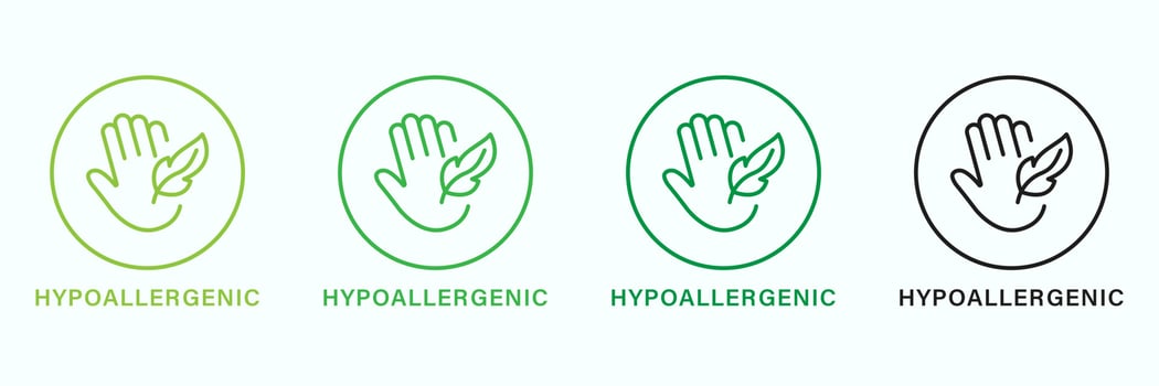 Hypoallergenic Safe Product Line Green and Black Icon Set. Hypo Allergenic Cosmetic for Sensitive Skin Hygiene Outline Pictogram. Allergen Free, Hand and Feather Symbol. Isolated Vector Illustration.