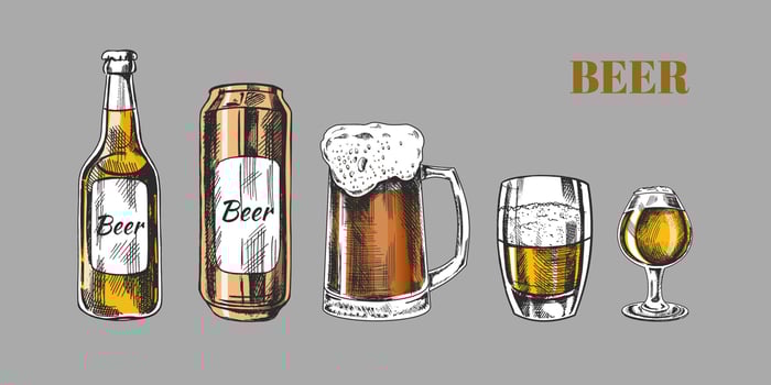Hand-drawn sketch of beer can, beer bottle, beer glasses and beer mug isolated on white background. Vector vintage engraved illustration