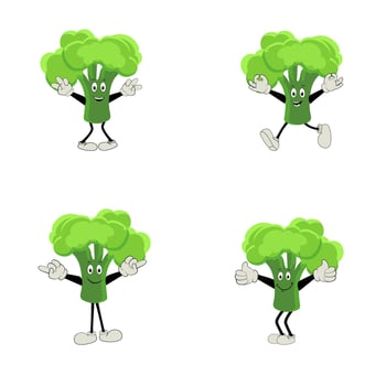 Broccoli mascot cartoon in vector. Cute happy smiling broccoli vegetable set collection. Vector flat cartoon character illustration icon design. content, happy, green smile, cheerful Face Emotion.