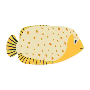 Vector isolated illustration on white background. Cartoon yellow fish with dots or specks. Marine life with striped tail and fins.