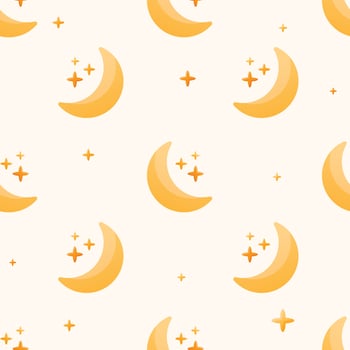 Vector seamless flat pattern. Simple crescent or moon icons with stars. Childish cute background or wallpaper of the starry sky or space.