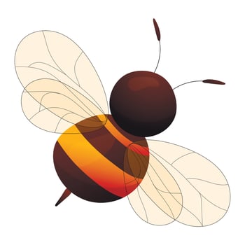 Vector isolated illustration cartoon bee from above. View of the striped back, sting and transparent wings.