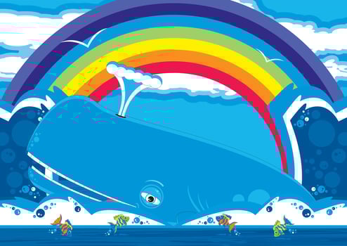 Cute Cartoon Blue Whale and Fish Scene vector