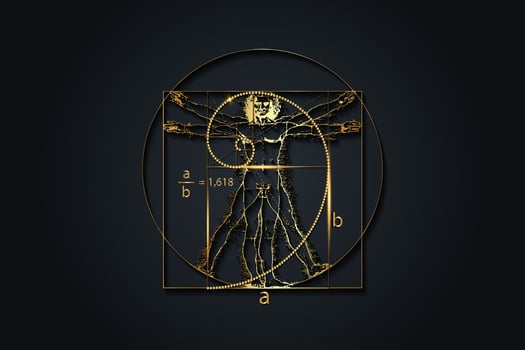 Golden ratio. Fibonacci Sequence number and Vitruvian Man by Leonardo Da Vinci - luxury gold texture, divine proportion, vector illustration isolated on black background