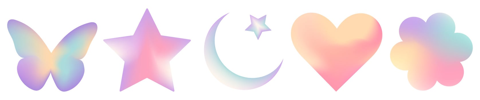 Set of mesh blurred unfocused gradient stickers in pastel colors. Abstract y2k geometric shapes in trendy retro style. Heart, flower, daisy, butterfly, star, moon vector