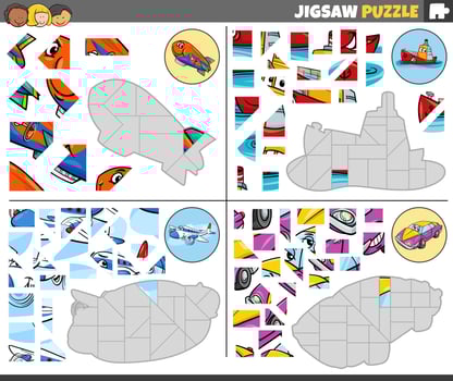 jigsaw puzzle games set with funny cartoon vehicles vector