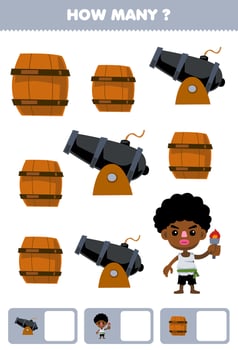 Education game for children searching and counting how many objects of cute cartoon cannon boy and barrel printable pirate worksheet vector