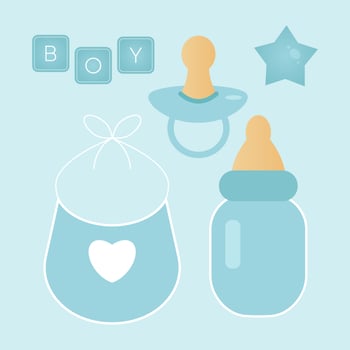 Baby shower banner with bottle, star, bib, nipple and text Boy on blue background. It s a boy. vector