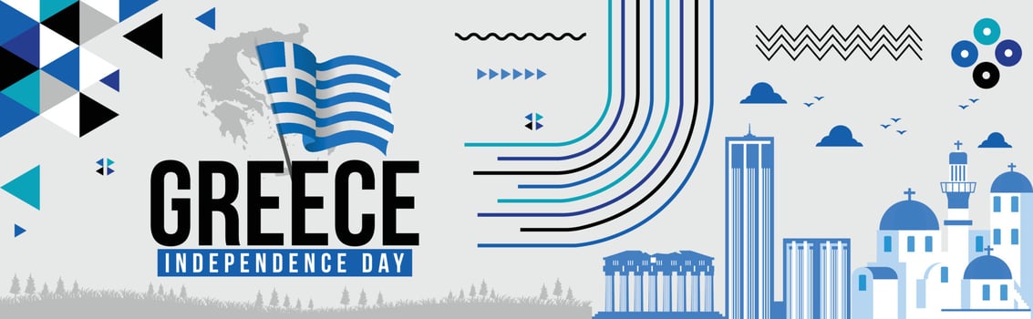 Greece Independence day 25 March Banner Design with Greek Flag, colors theme background, Greece Map, Text, Landmarks, Greek famous buildings, Geometric Abstract Blue Black White colors Illustration vector