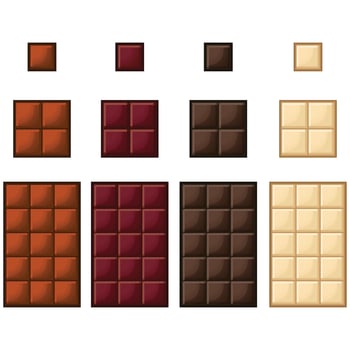 Set of chocolate bar isolated on white background. Vector cartoon flat design illustration collection template. Dark chocolate, white chocolate, milk chocolate