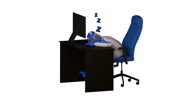3D illustration. Sleepy Paramedic 3D Cartoon Character. The paramedic was exhausted and fell asleep at his desk. Paramedic fall asleep in front of a computer that is on. 3D cartoon character png