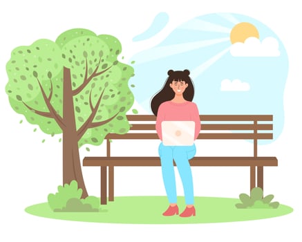 Young woman sitting on the bench in the park and working with laptop. Freelance, working, studying, education, work from home, healthy lifestyle concept. vector