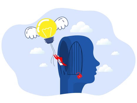 freedome your creativity idea mind concept,Businessman flying light bulb idea break free from human head bird cage. vector