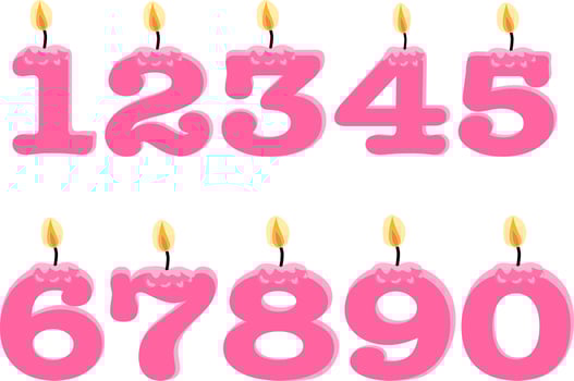 Pink Birthday candles in the form of numbers. Template set of symbols for invitation to the anniversary. Vector flat design isolated on white background. Free vector.