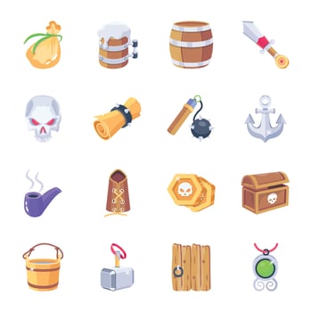 Pack of Pirate Equipments and Accessories 2D Icons vector