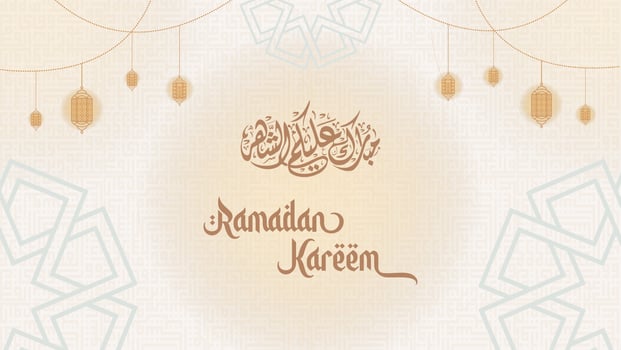 Ramadan Kareem English Typography and arabic calligraphy greetings. An Islamic greeting text in english for holy month happy ramadan. Islamic background design with mosque. vector