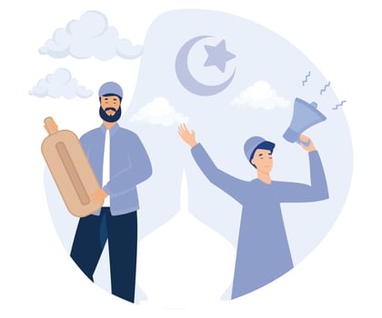 People waking up for the sahur, Calling people for sahur. Knocking kentongan, flat vector modern illustration