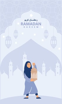 Ramadan greeting card,  muslim girl holding lantern with crescent moon, stars and mosque as background, flat vector modern illustration