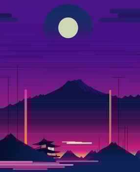 Cyberpunk night landscape pagoda against the backdrop of mountains. Futuristic retro poster vector